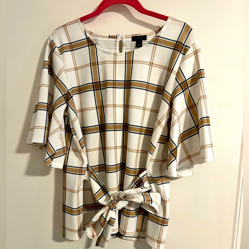 Ann Taylor Women’s Blouse,  x-large. White, blue, tan, plaid with tie in front.